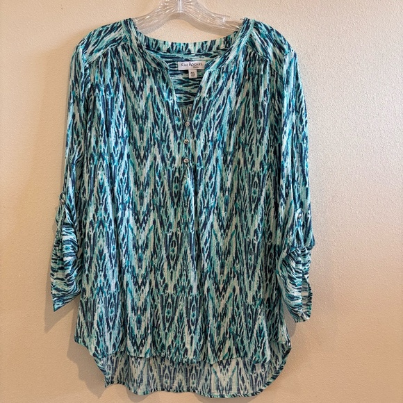 NWT Kim Rogers Petite Women's  V-neck Fresh Aqua Paisley SZ PXL Top - Picture 1 of 12
